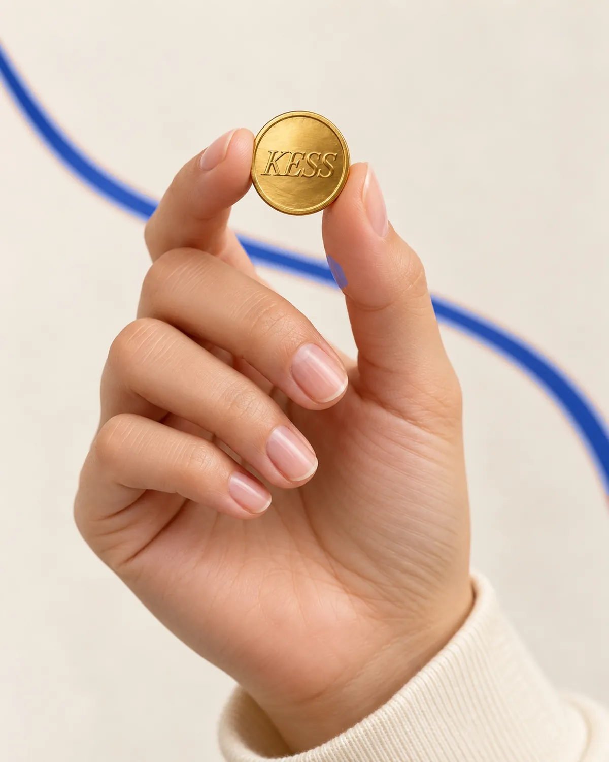 A hand holding a 916 gold coin stamped KESS.