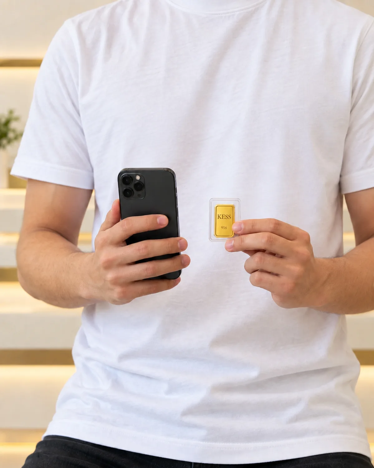 A phone in one hand and a small KESS 916 gold bar in the other.