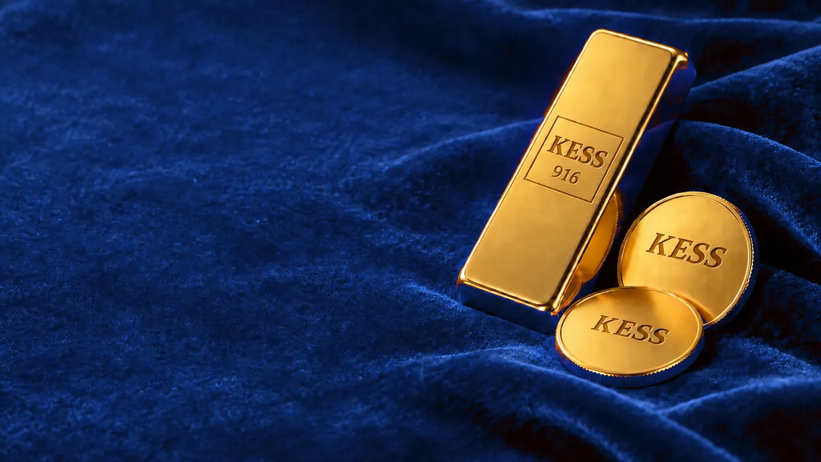 A KESS 916 gold bar and two KESS gold coins on red velvet.